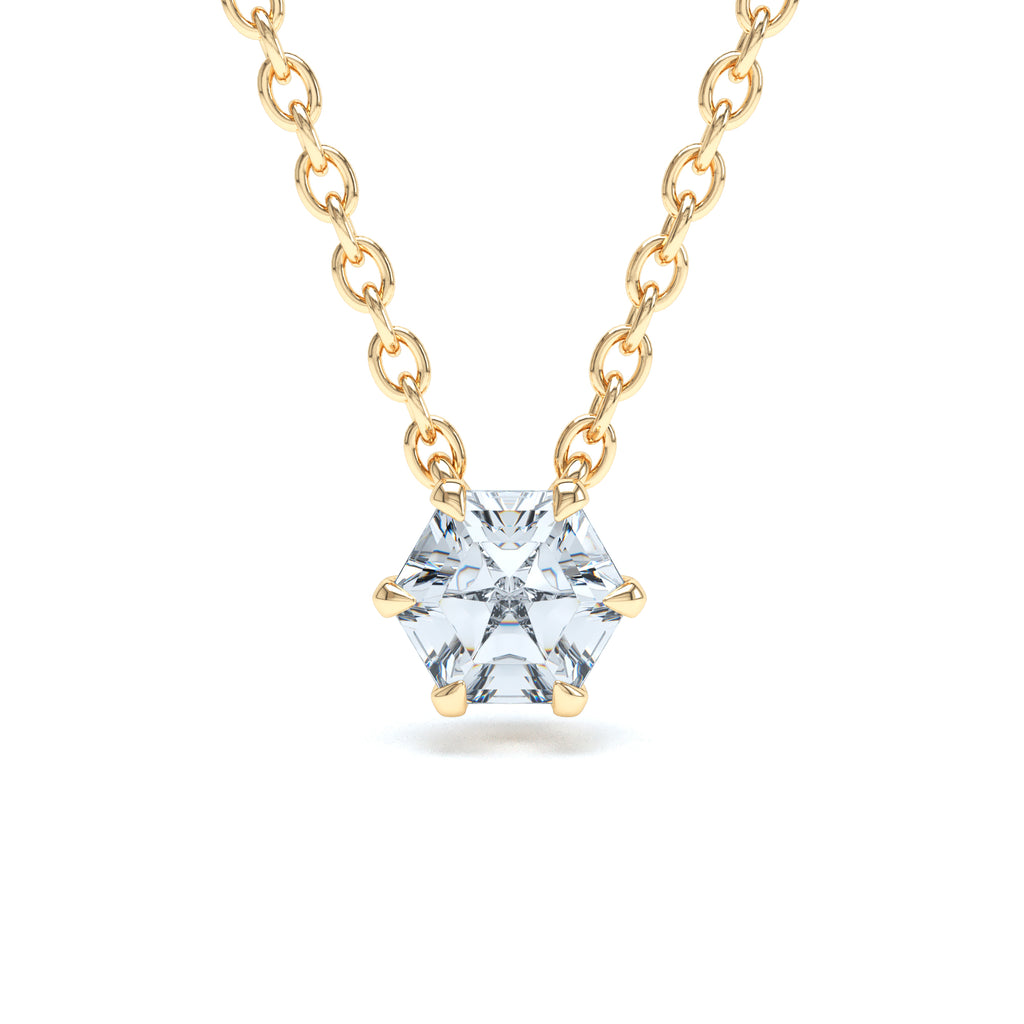 Our Patented Hexa® Cut Diamond, Talon Claw Set within a Handmade 18 Karat Gold Pendant on an 18 Karat Gold Chain.