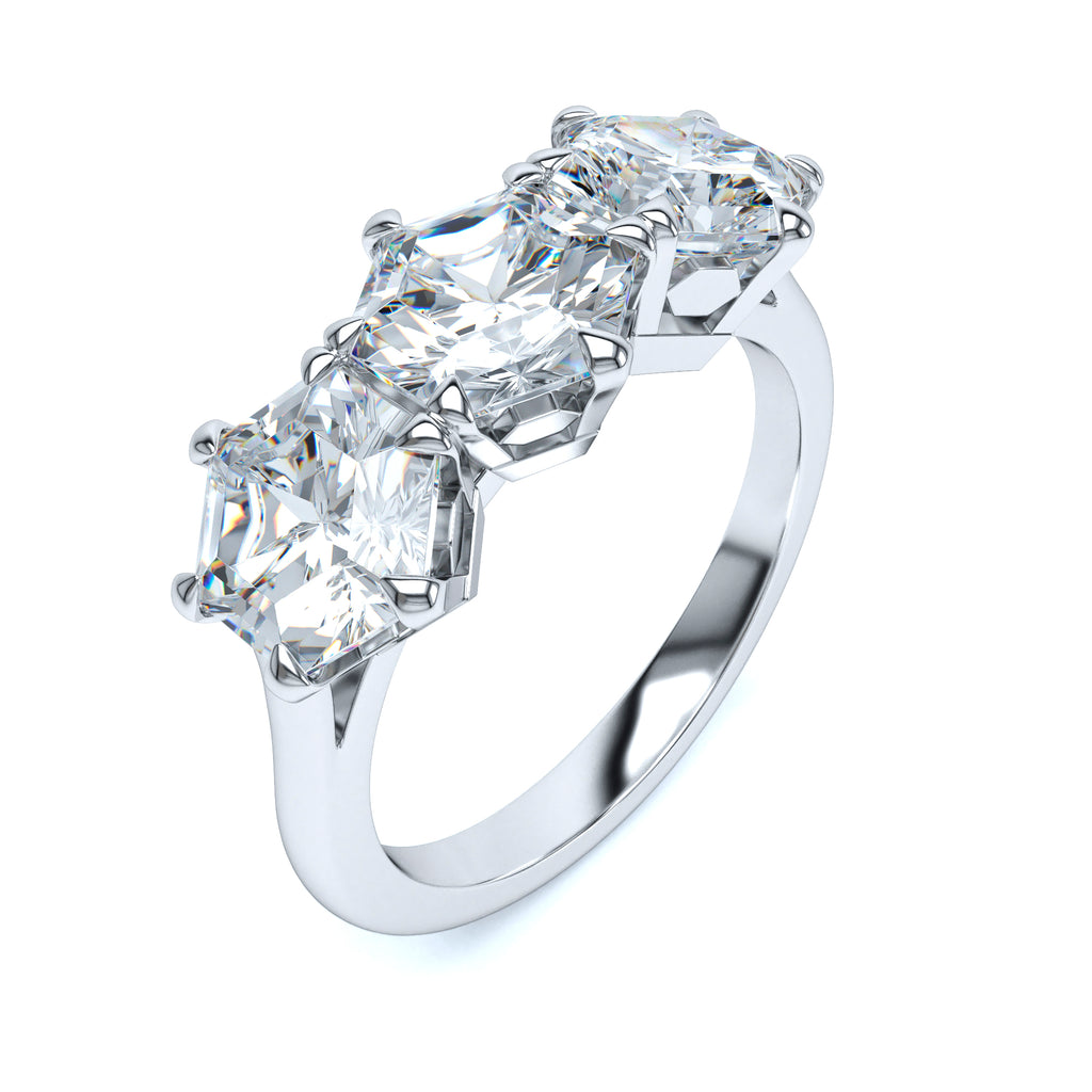 Our Patented Hexa® Cut Diamonds uniquely set within our Handmade 18 Karat Gold & Platinum Trilogy Designs.